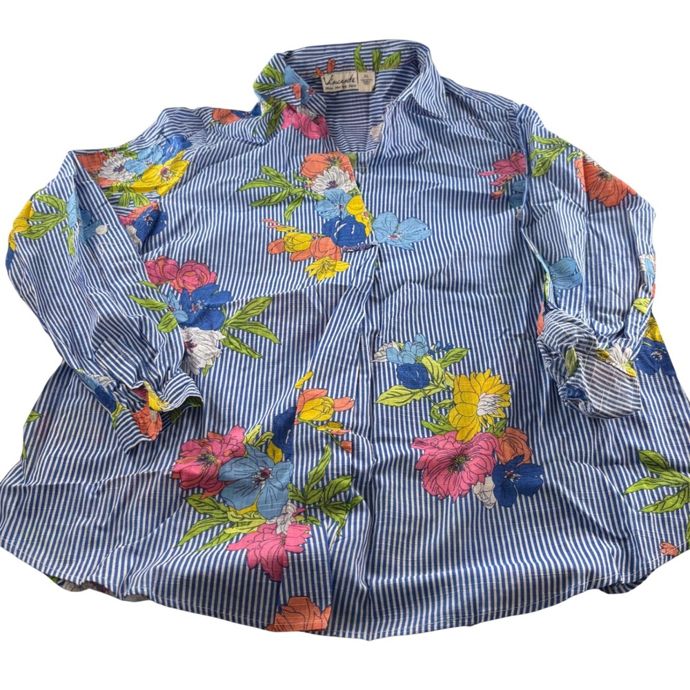 Vincente Womens XL Blue Striped Floral Cotton Button Down Shirt Long Sleeve‎
